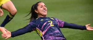 Colombia's midfielder #02 Manuela Vanegas celebrates scoring her team's second goal during the Australia and New Zealand 2023 Women's World Cup Group H football match between Germany and Colombia at Sydney Football Stadium in Sydney on July 30, 2023. (Photo by FRANCK FIFE / AFP)