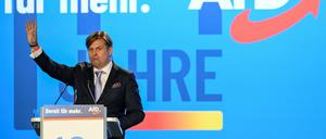 Maximilian Krah, Alternative for Germany (AfD) party member and member of the European Parliament of the Identity and Democracy (ID) group, waves his hand after a speech during the European election assembly 2023 of the Alternative for Germany (AfD) in Magdeburg, Germany, July 29, 2023. REUTERS/Annegret Hilse 