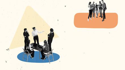 Contemporary art collage. Conceptual design. Team meeting. People, employees discussing current working issues, statistics