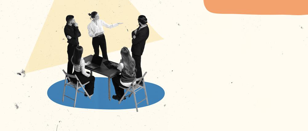 Contemporary art collage. Conceptual design. Team meeting. People, employees discussing current working issues, statistics