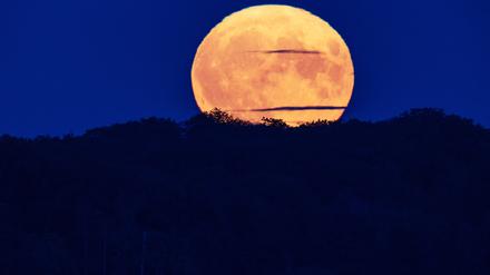 Der Vollmond geht über dem Schweriner See auf.