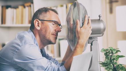 Soooo heeeeeiß: Ein Büroarbeiter sucht Abkühlung vor einem Ventilator.