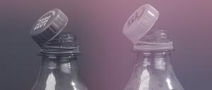 Neuartiger Schraubverschluss auf Einweg-Flaschen: Wenn der Deckel an der Flasche bleibt, kann er nicht verloren gehen und bleibt im Recyclingkreislauf.