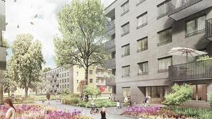 So sollen die nachverdichteten Gesobau-Innenhöfe in der Kavalierstraße am Schlosspark Schönhausen aussehen.