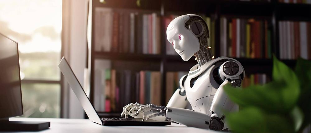 KI Android Roboter schreibt Text auf Laptop.