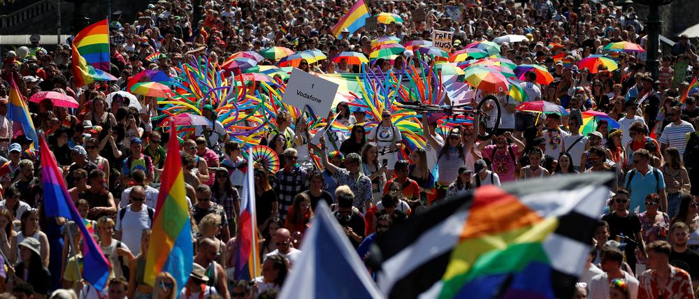 Participants attend the Prague Pride Parade where thousands march through the city center in support of LGBTQ rights, in Prague, Czech Republic, August 12, 2023. REUTERS/David W Cerny