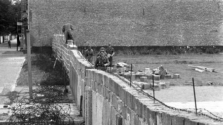 ARCHIV - Volkspolizisten und Arbeiter der DDR beim Errichten der Berliner Mauer am 06.10.1961 im Norden Berlins an der Grenze zum westberliner Bezirk Reinickendorf. Der US-Geheimdienst NSA hatte nach bislang geheimen Dokumenten bereits vorab Informationen über den geplanten Bau der Berliner Mauer. Foto: dpa (zu dpa "Geheimdokumente: NSA warnte früh vor Mauerbau in Berlin" vom 26.09.2013) +++ dpa-Bildfunk +++