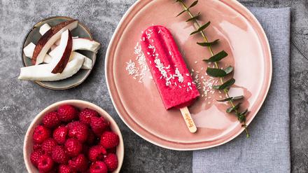 Veganes Himbeere-Kokos-Fruchteis von „froobie“.