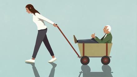 Woman pulling senior grandfather in wagon