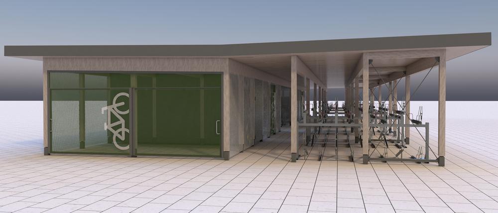 Modell eines modularen Parkhauses für Fahrräder in Holzbauweise.