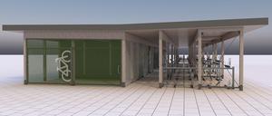 Modell eines modularen Parkhauses für Fahrräder in Holzbauweise.
