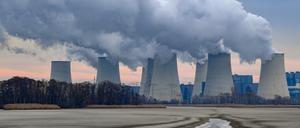 Hinter einem abgelassenen Karpfenteich steigt Wasserdampf aus den Kühltürmen des Braunkohlekraftwerks Jänschwalde.