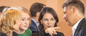 dpatopbilder - 23.08.2023, Berlin: RECROP -Annalena Baerbock (Bündnis90/Die Grünen, 2.v.r), Außenministerin, spricht mit Robert Habeck (Bündnis 90/Die Grünen, r), Bundesminister für Wirtschaft und Klimaschutz, Lisa Paus (Bündnis90/Die Grünen), Bundesministerin für Familie, Senioren, Frauen und Jugend, und Steffi Lemke (Bündnis 90/Die Grünen, l), Bundesministerin für Umwelt, Naturschutz, nukleare Sicherheit und Verbraucherschutz, vor Beginn der Sitzung des Bundeskabinett im Kanzleramt. Foto: Michael Kappeler/dpa +++ dpa-Bildfunk +++