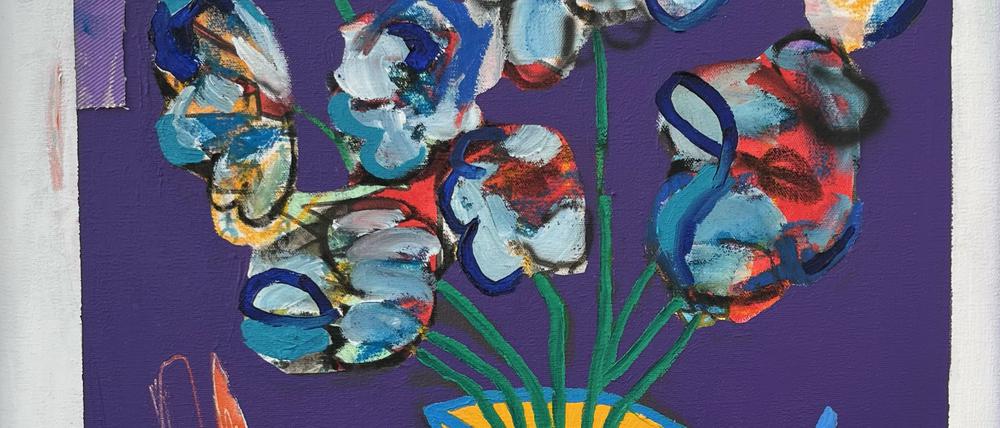Björn Heyn: Apfel auf Tisch mit Blumen, 2023, Mischtechnik auf Leinwand