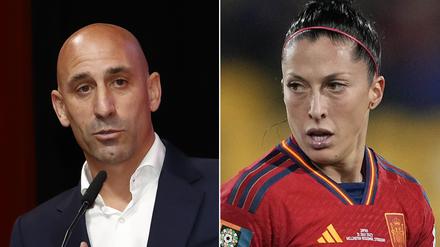 Die Bildkombo zeigt Jennifer Hermoso (r), spanische Fußballspielerin, und Luis Rubiales, Präsident des spanischen Fußballverbandes.
