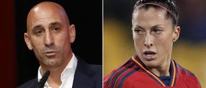 Die Bildkombo zeigt Jennifer Hermoso (r), spanische Fußballspielerin, und Luis Rubiales, Präsident des spanischen Fußballverbandes.