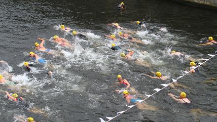 Schwimmerinnen und Schwimmer beim 1. Berliner Flussbad Pokal in der Spree zwischen Bodemuseum und Lustgarten in Berlin-Mitte.