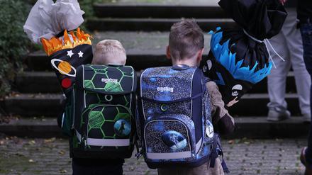 Bei einer Einschulung in die Grundschule gehen zwei Erstklässler mit Schultüten zur Schule. 