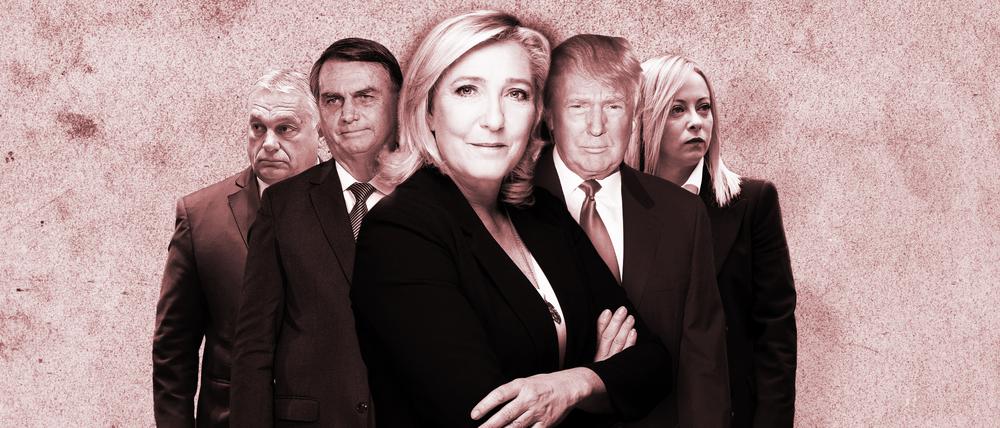 Victor Orbán, Jair Bolsonaro, Marine Le Pen, Donald Trump und Giorgia Meloni. Rechtspopulismus ist beliebter denn je.