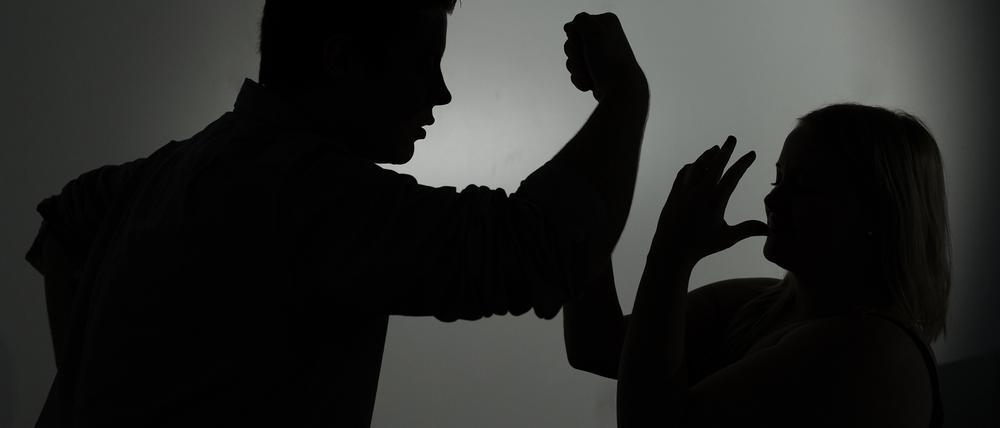 ARCHIV - 08.01.2013, Berlin: ILLUSTRATION Ein als Silhouette abgebildeter Mann droht einer Frau mit der Faust. (zu dpa: «Bürgerschaft debattiert über Frauenhäuser und Dieselfahrverbote» vom 28.11.2018) Foto: Jan-Philipp Strobel/dpa +++ dpa-Bildfunk +++