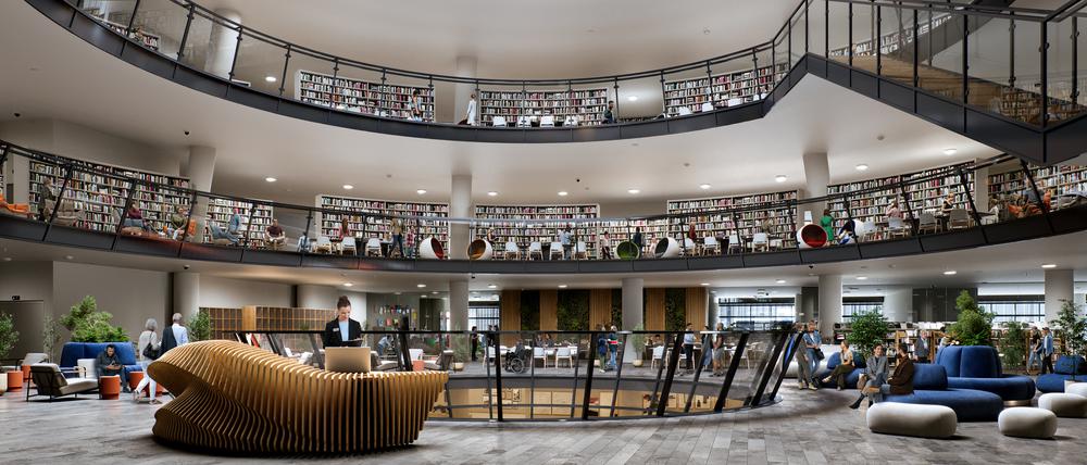 So könnte die Landesbibliothek im Quartier 207 an der Friedrichsstraße aussehen. Spätestens Ende 2024 wird der französische Kaufhauskonzern Galeries Lafayette dort ausziehen.