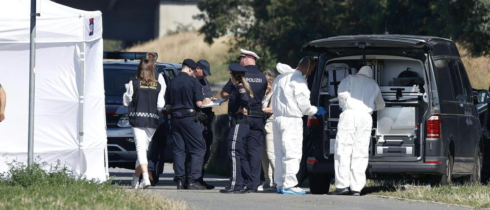Polizisten ermitteln am Flussufer der Neuen Donau in einem anderen Mordfall.