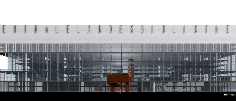 Der Neubau der Zentral- und Landesbibliothek soll zu einem architektonischen Wahrzeichen der Stadt werden. Arbeit 1040Architektur: Studio Motta-Stapenhorst, Bergamo, ItalienLandschaftsarchitektur: Studio Motta-Stapenhorst, Bergamo, Italien