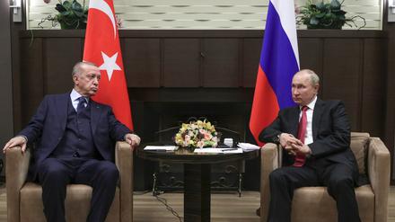 Wladimir Putin und Recep Tayyip Erdogan unterhalten sich im Jahre 2021.