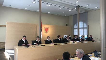 06.09.2023, Potsdam: Das Verfassungsgericht Brandenburg mit Markus Möller (5.v.l), Präsident des Brandenburger Verfassungsgerichts, verhandelt mündlich über eine Klage der AfD-Landtagsfraktion. Dabei geht es unter anderem um die Besetzung von Kandidatinnen und Kandidaten für die Parlamentarische Kontrollkommission des Landtags. Foto: Oliver von Riegen/dpa +++ dpa-Bildfunk +++