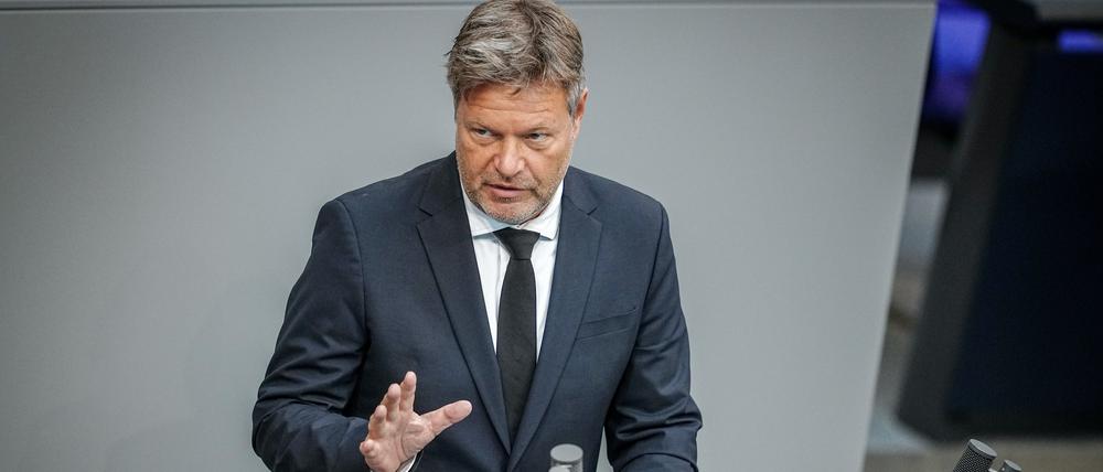 Robert Habeck (Bündnis 90/Die Grünen), Bundesminister für Wirtschaft und Klimaschutz, spricht im Plenum des Bundestags während der ersten Lesung zum Haushalt 2024.
