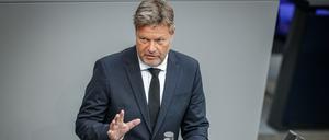 Robert Habeck (Bündnis 90/Die Grünen), Bundesminister für Wirtschaft und Klimaschutz, spricht im Plenum des Bundestags während der ersten Lesung zum Haushalt 2024. 