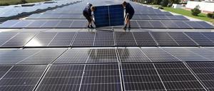 Greg King und Maik Schedletzky von der Leipziger Solargesellschaft mbH tragen ein Solarmodul auf dem Dach der Frische GmbH Köhra.  