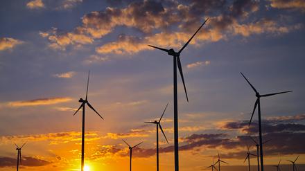 Farbenprächtig leuchtet der Himmel bei Sonnenuntergang hinter dem Windenergiepark «Odervorland».