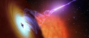 So könnte es aus der Nähe aussehen, wenn Schwarze Löcher eine Akkretionsscheibe ansammeln und in einem Jet heißes Gas abstoßen.