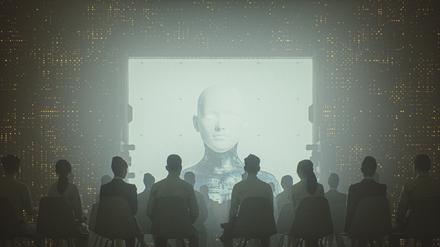 Futuristic cyborg religion and control. Image on the projection screen is my own render, already approved and in my portfolio. This is entirely 3D generated image.