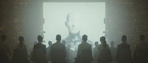 Futuristic cyborg religion and control. Image on the projection screen is my own render, already approved and in my portfolio. This is entirely 3D generated image.