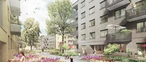 So sollen die nachverdichteten Gesobau-Innenhöfe in der Kavalierstraße am Schlosspark Schönhausen aussehen.