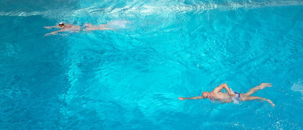 Drei Schwimmer ziehen ihre Bahnen im Sommerbad Pankow.