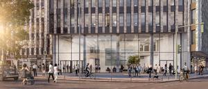 Offenes Erdgeschoss: Büro-Lobby, Gewerbe und Gastronomie.