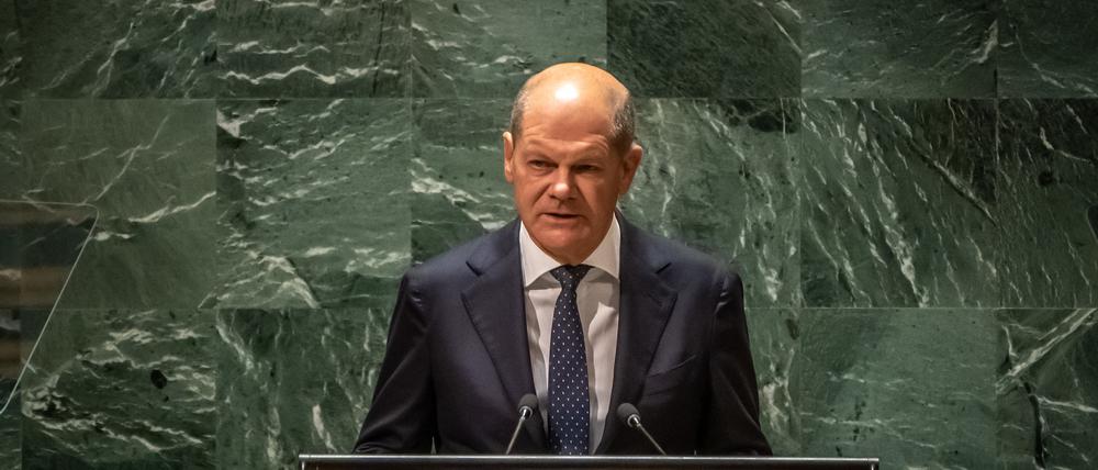 1Bundeskanzler Olaf Scholz (SPD) spricht bei der Generaldebatte der UN-Vollversammlung.