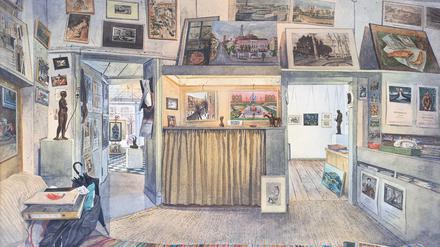 Klaus Jurgeit: „Interieur Galerie Taube“, Aquarell (40 x 60 cm) von 1988.