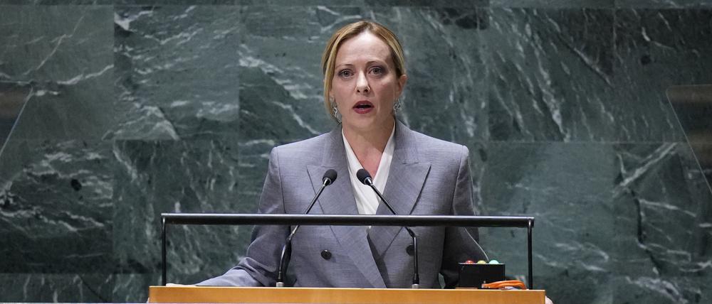 20.09.2023, USA, New York: Giorgia Meloni, Italiens Premierministerin, spricht vor der 78. Sitzung der Generalversammlung der Vereinten Nationen im UN-Hauptquartier.