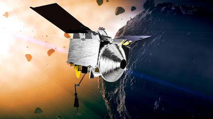 Die Raumsonde Osiris-Rex nähert sich dem Asteroiden Bennu (künstlerische Darstellung).