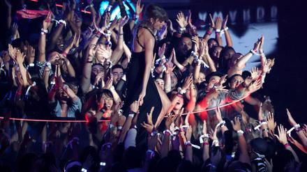 Taylor Swift is seen on stage during the 2023 MTV Video Music Awards at the Prudential Center in Newark, New Jersey, U.S., September 12, 2023. REUTERS/Brendan Mcdermid