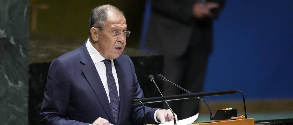Sergej Lawrow, Außenminister von Russland, spricht auf der 78. Sitzung der Generalversammlung der Vereinten Nationen im Hauptquartier der Vereinten Nationen.