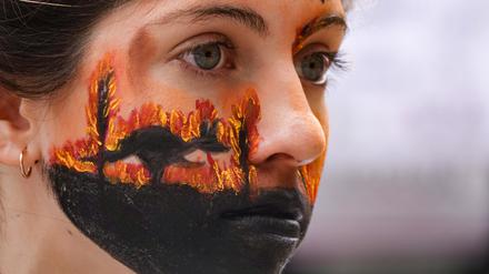 Eine Demonstrantin mit einem Bild im Gesicht, das ein Känguru zeigt, das vor dem Feuer wegläuft, nimmt 2020 an einem Protest gegen die Klimapolitik vor der australischen Botschaft in Buenos Aires teil.