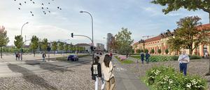 So stellt sich die Initiative „Mitteschön“ eine Begrünung der Breiten Straße vor dem Filmmuseum vor.