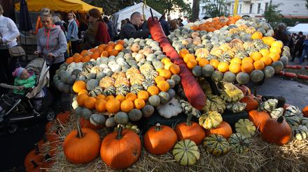 Eine bunte Vielfalt von zahlreichen Ständen mit Kleidung, Feinkost, Lebensmitteln, Blumen, Designern und Allerlei werden von den Händlern auf dem Schöneberger Kürbisfest angeboten.