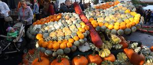 Eine bunte Vielfalt von zahlreichen Ständen mit Kleidung, Feinkost, Lebensmitteln, Blumen, Designern und Allerlei werden von den Händlern auf dem Schöneberger Kürbisfest angeboten.