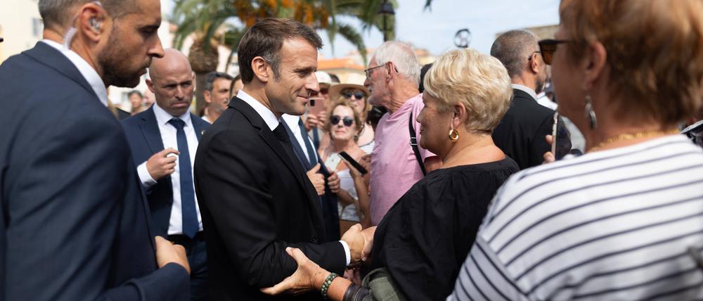 Präsident Emmanuel Macron in Ajaccio bei einem dreitägigen Besuch im September 2023.